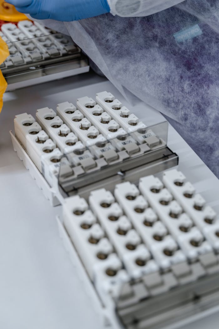 Close-up of laboratory equipment used for biochemical and pharmaceutical analysis.